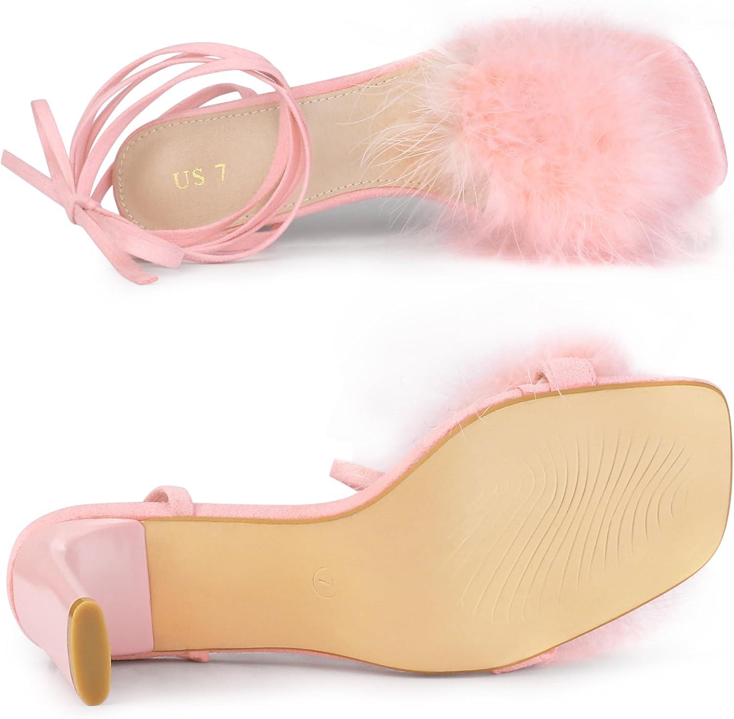 imageAllegra K Womens Faux Fur Slingback Block Heels Lace Up SandalsPink