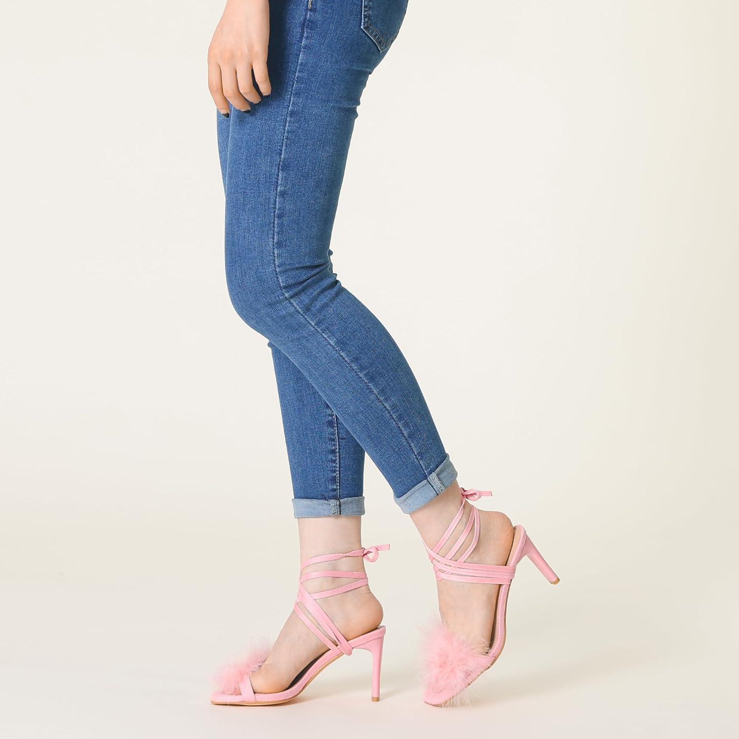 imageAllegra K Womens Faux Fur Slingback Block Heels Lace Up SandalsPink