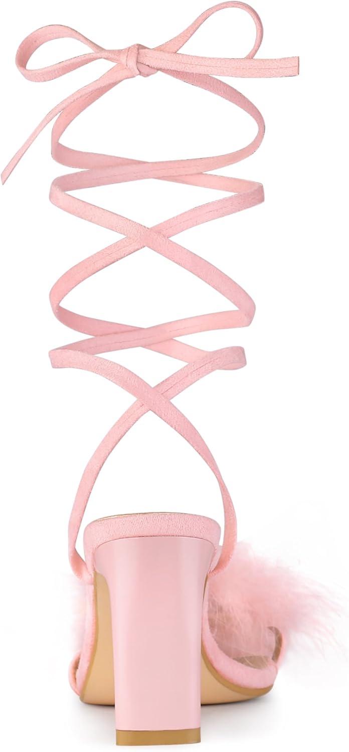 imageAllegra K Womens Faux Fur Slingback Block Heels Lace Up SandalsPink