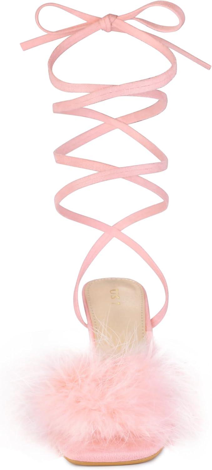 imageAllegra K Womens Faux Fur Slingback Block Heels Lace Up SandalsPink