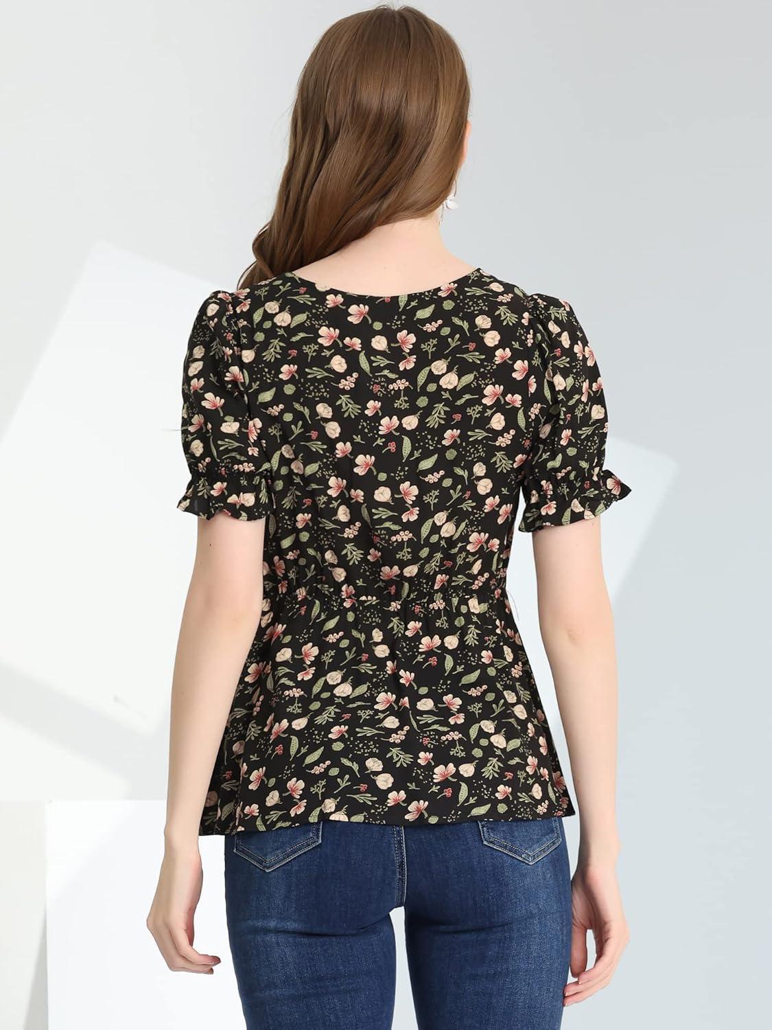 imageAllegra K Womens Floral Peasant Peplum Top Ruffle Hem Short Sleeve VNeck Summer BlouseBlack