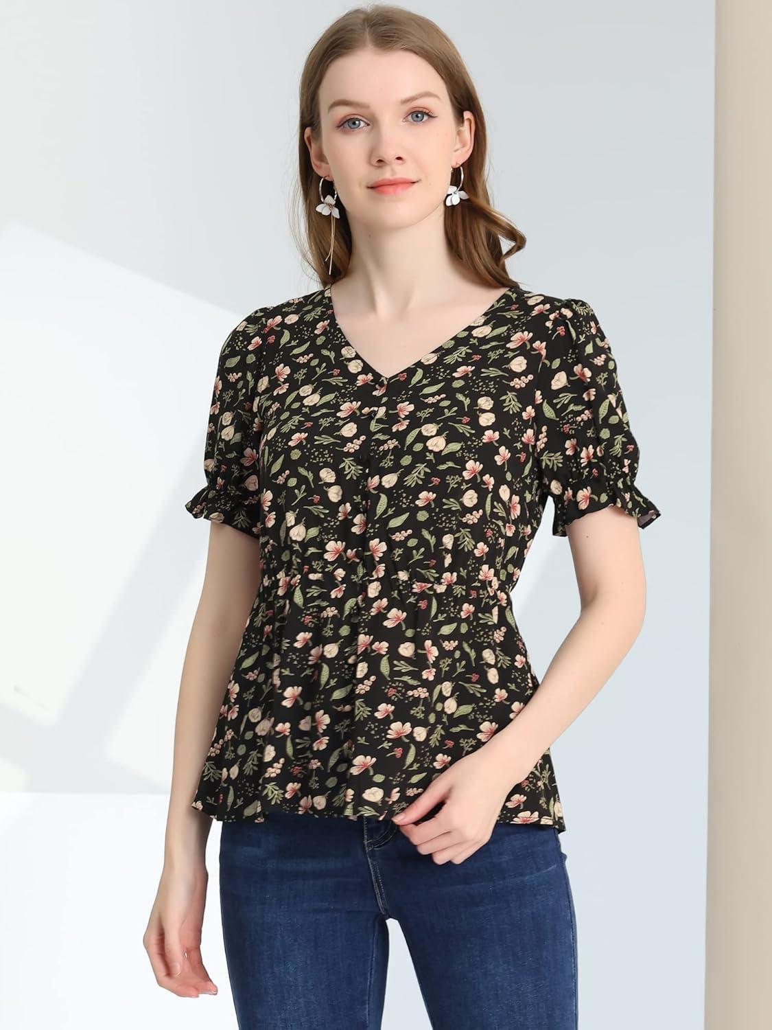imageAllegra K Womens Floral Peasant Peplum Top Ruffle Hem Short Sleeve VNeck Summer BlouseBlack
