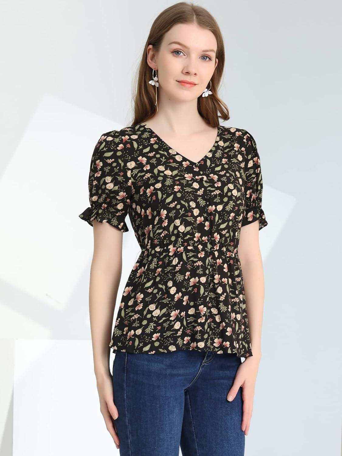 imageAllegra K Womens Floral Peasant Peplum Top Ruffle Hem Short Sleeve VNeck Summer BlouseBlack