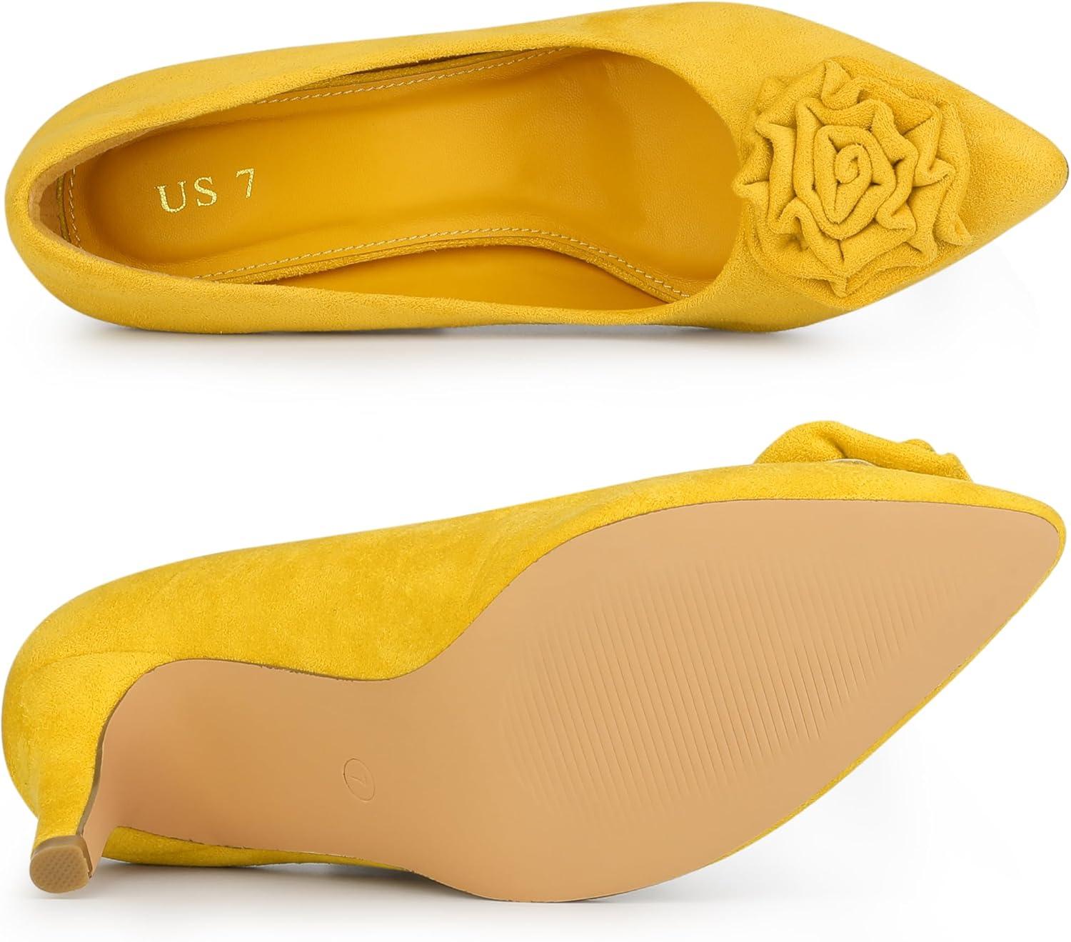 imageAllegra K Womens Flower Closed Pointed Toe Stiletto Heels Shoes PumpsYellow