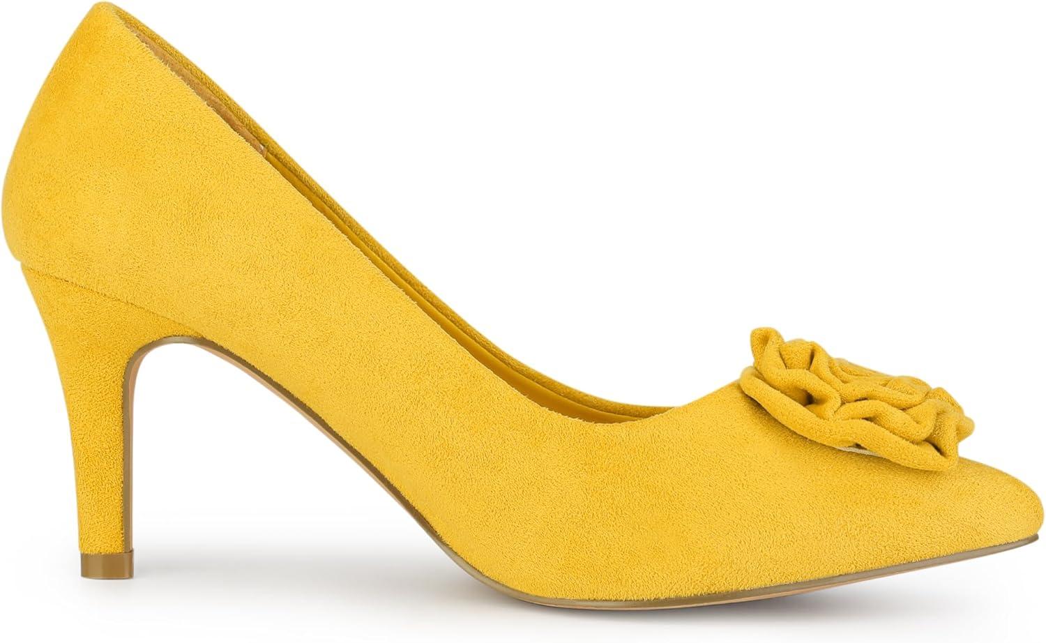 imageAllegra K Womens Flower Closed Pointed Toe Stiletto Heels Shoes PumpsYellow
