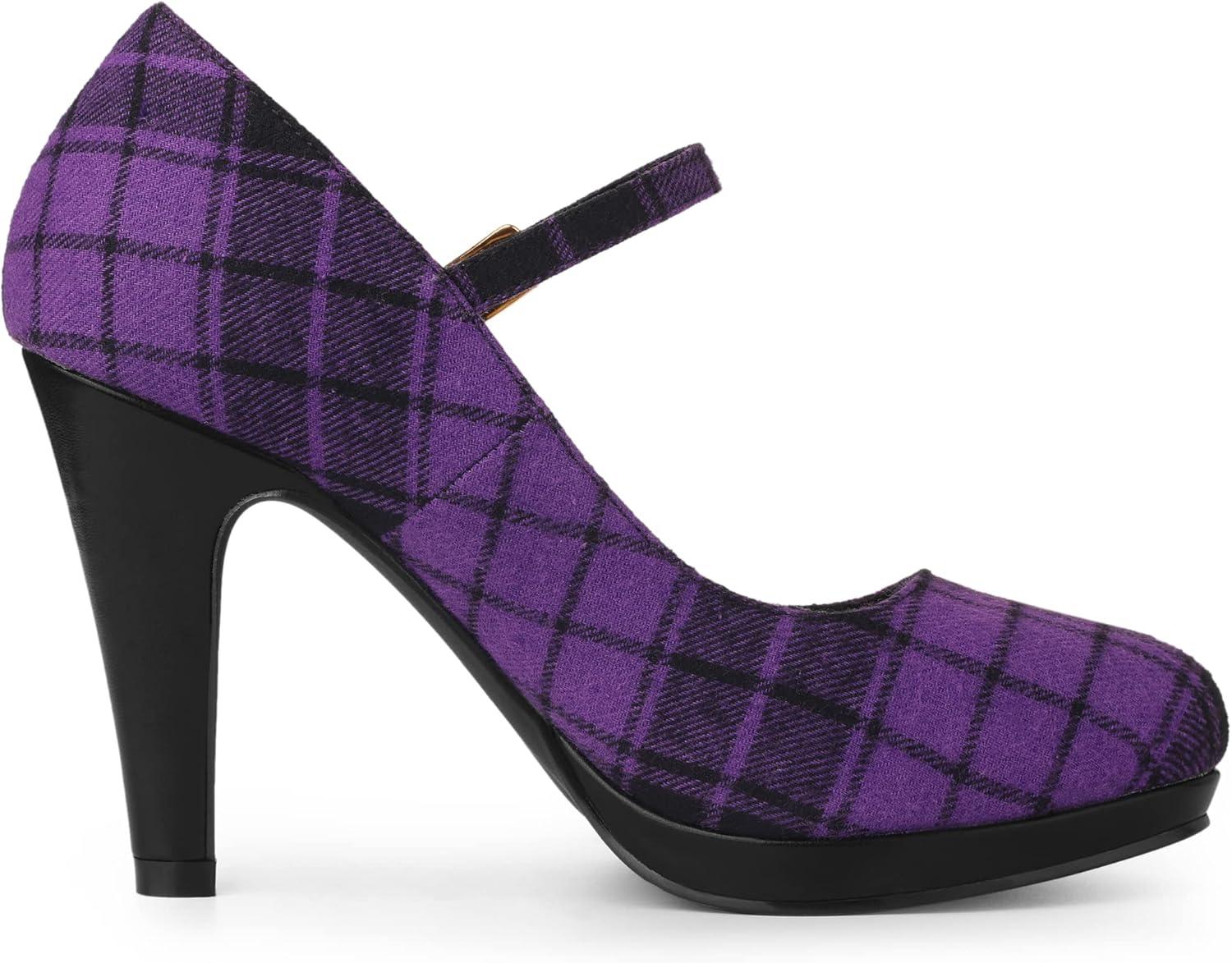 imageAllegra K Womens Houndstooth Platform Stiletto Heels Mary Janes PumpsPurple