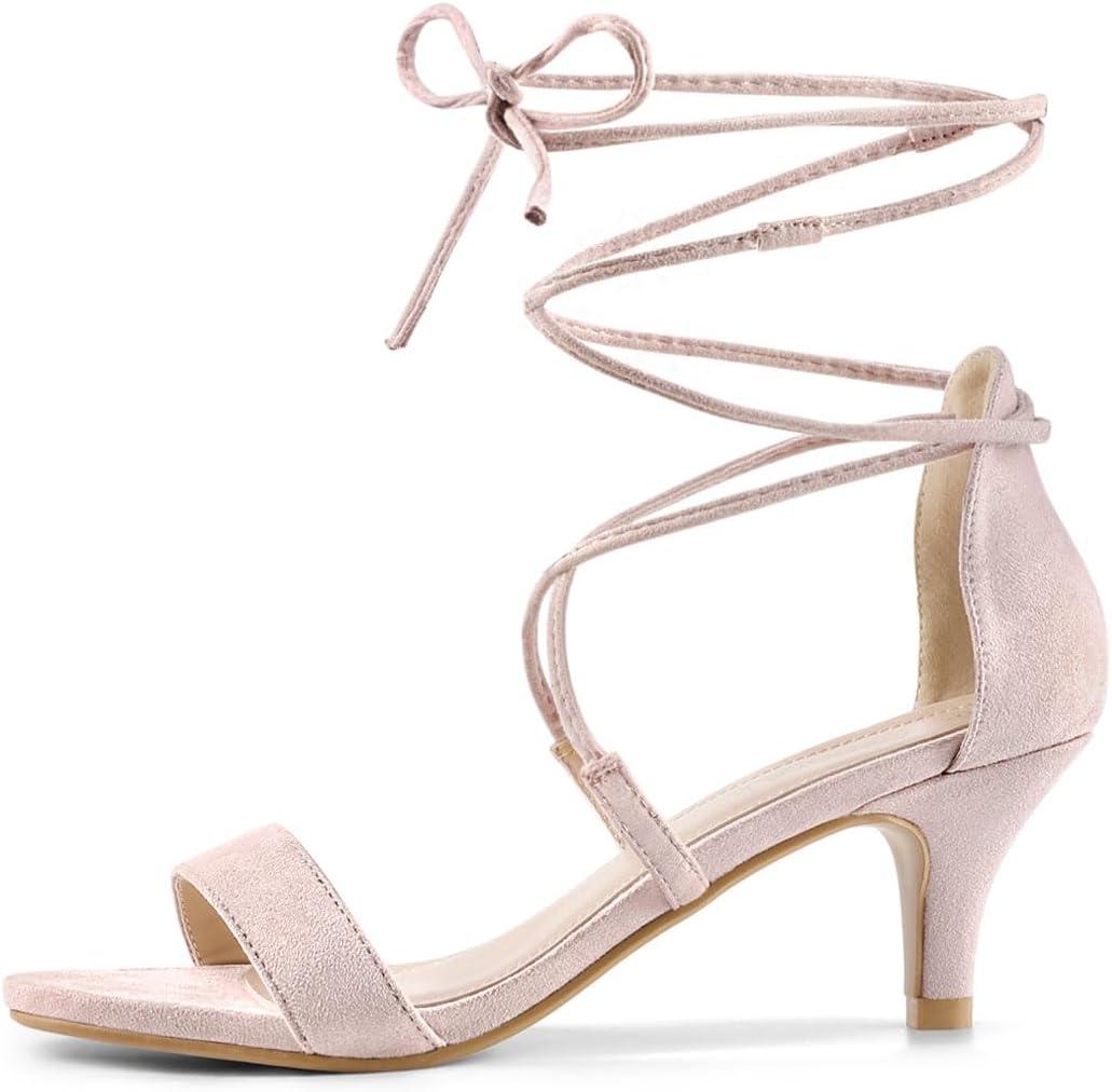 imageAllegra K Womens Kitten Heel Lace Up Open Toe SandalsBeige Pink