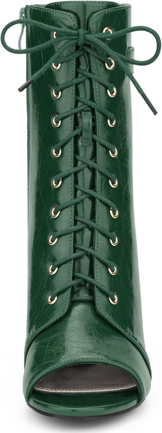 imageAllegra K Womens Lace Up Peep Toe Stiletto Heel Ankle BootsDark Green
