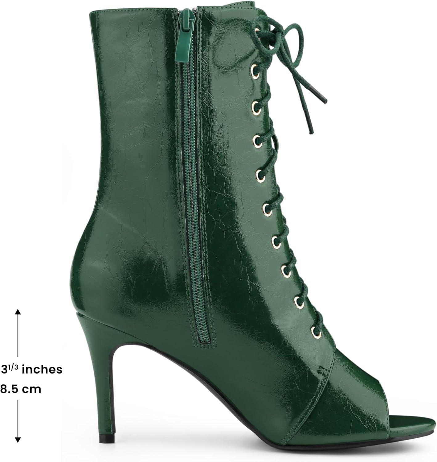 imageAllegra K Womens Lace Up Peep Toe Stiletto Heel Ankle BootsDark Green