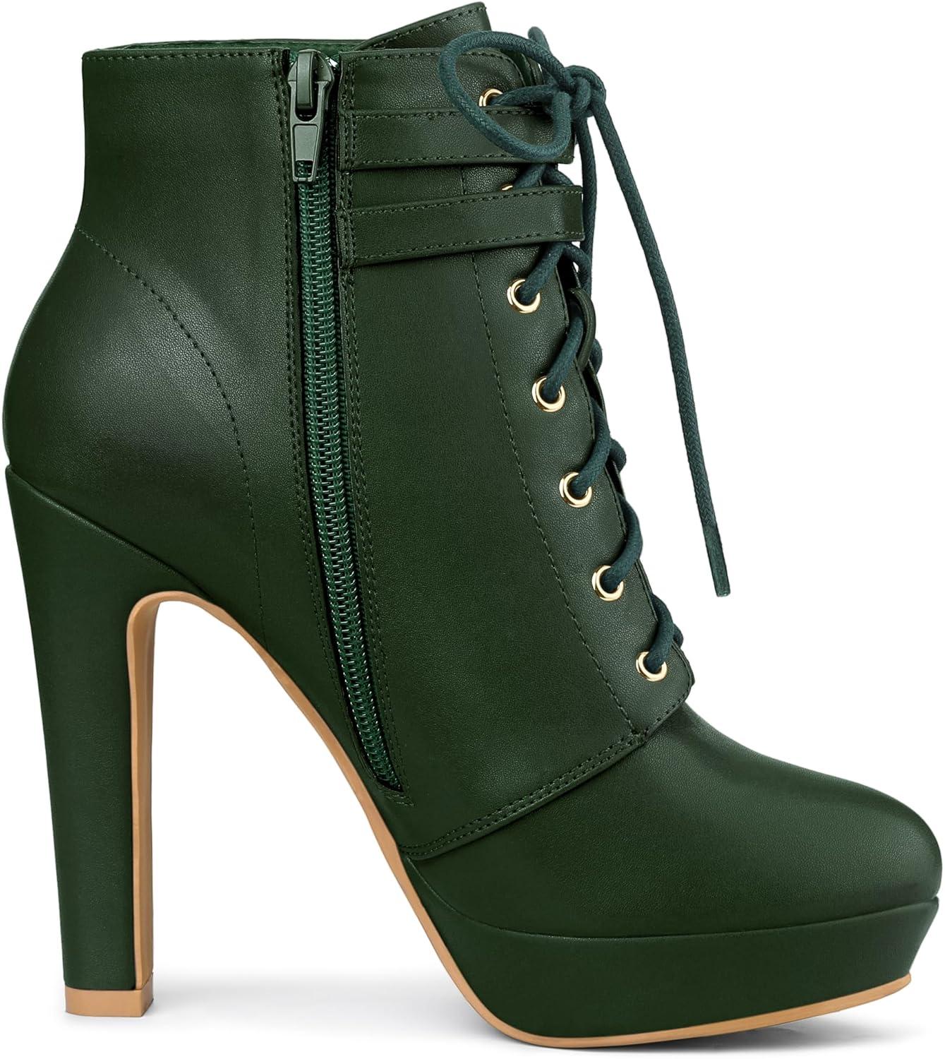 imageAllegra K Womens Lace Up Strap Platform Block Heels Ankle BootsDark Green