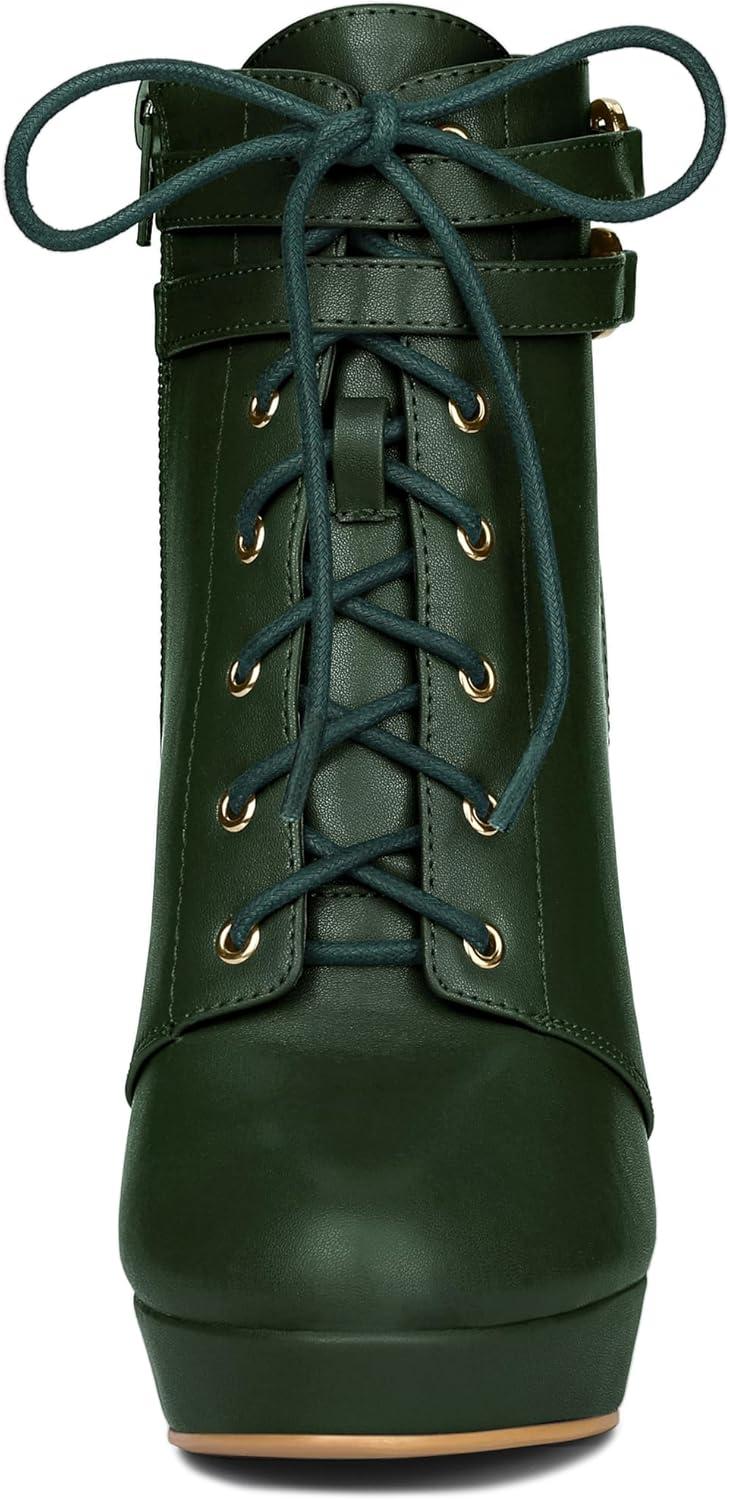 imageAllegra K Womens Lace Up Strap Platform Block Heels Ankle BootsDark Green