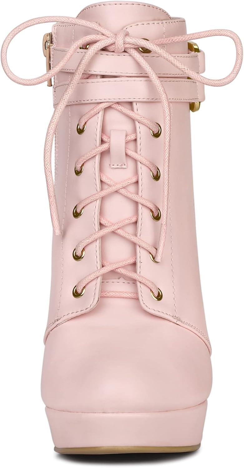 imageAllegra K Womens Lace Up Strap Platform Block Heels Ankle BootsPink