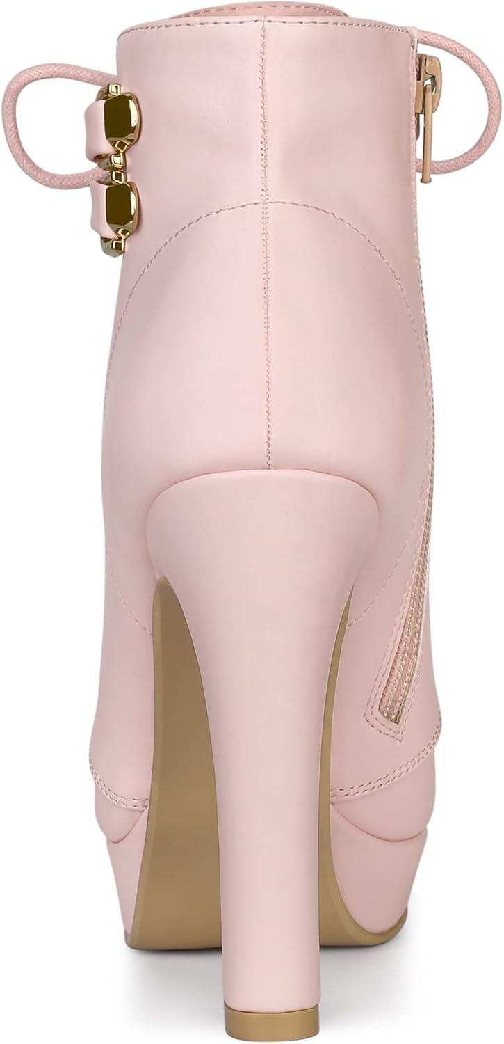 imageAllegra K Womens Lace Up Strap Platform Block Heels Ankle BootsPink