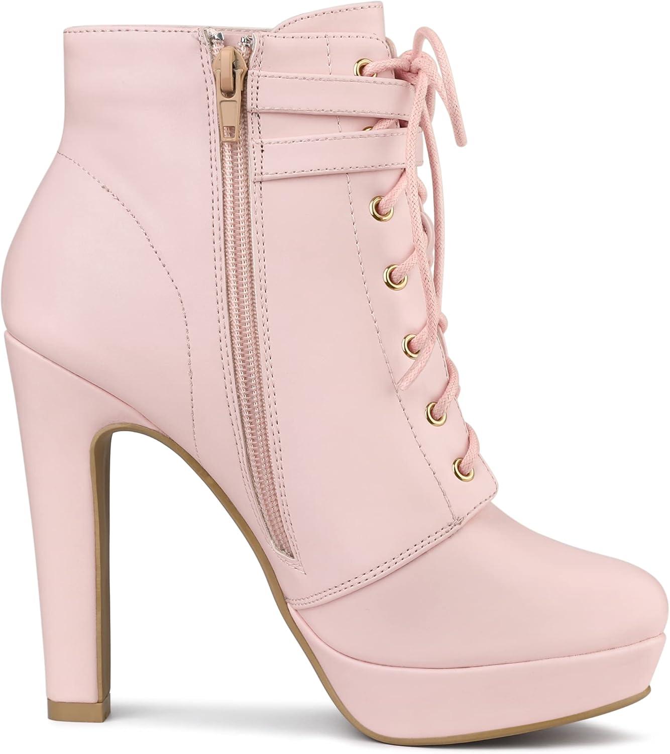 imageAllegra K Womens Lace Up Strap Platform Block Heels Ankle BootsPink