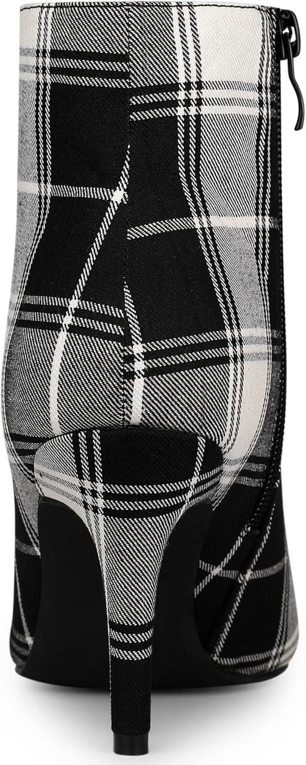 imageAllegra K Womens Plaid Pointed Toe Side Zip Stiletto Heel Ankle BootsBlack White