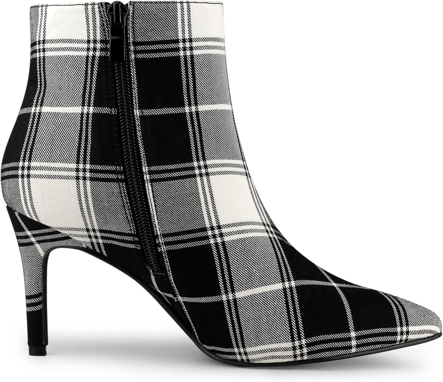 imageAllegra K Womens Plaid Pointed Toe Side Zip Stiletto Heel Ankle BootsBlack White