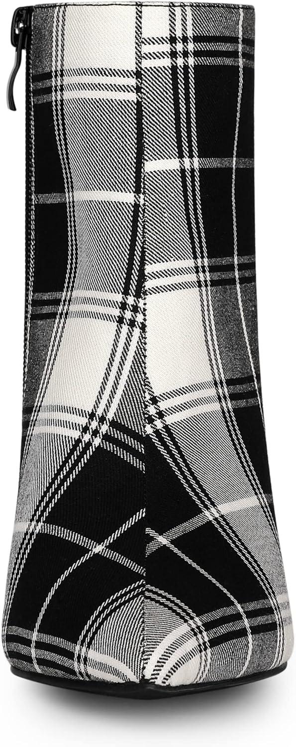 imageAllegra K Womens Plaid Pointed Toe Side Zip Stiletto Heel Ankle BootsBlack White