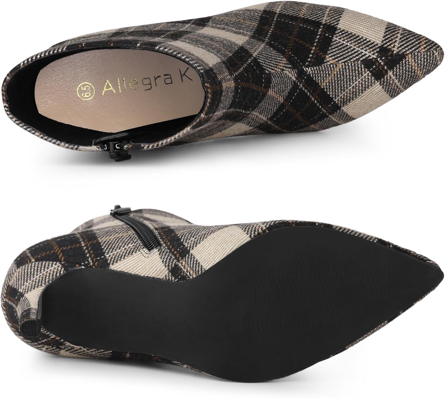 imageAllegra K Womens Plaid Pointed Toe Side Zip Stiletto Heel Ankle BootsBrown