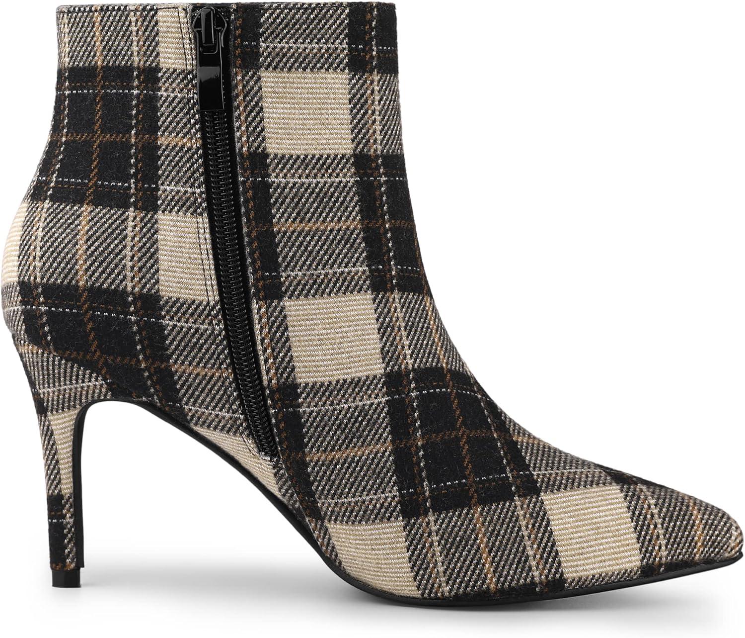 imageAllegra K Womens Plaid Pointed Toe Side Zip Stiletto Heel Ankle BootsBrown
