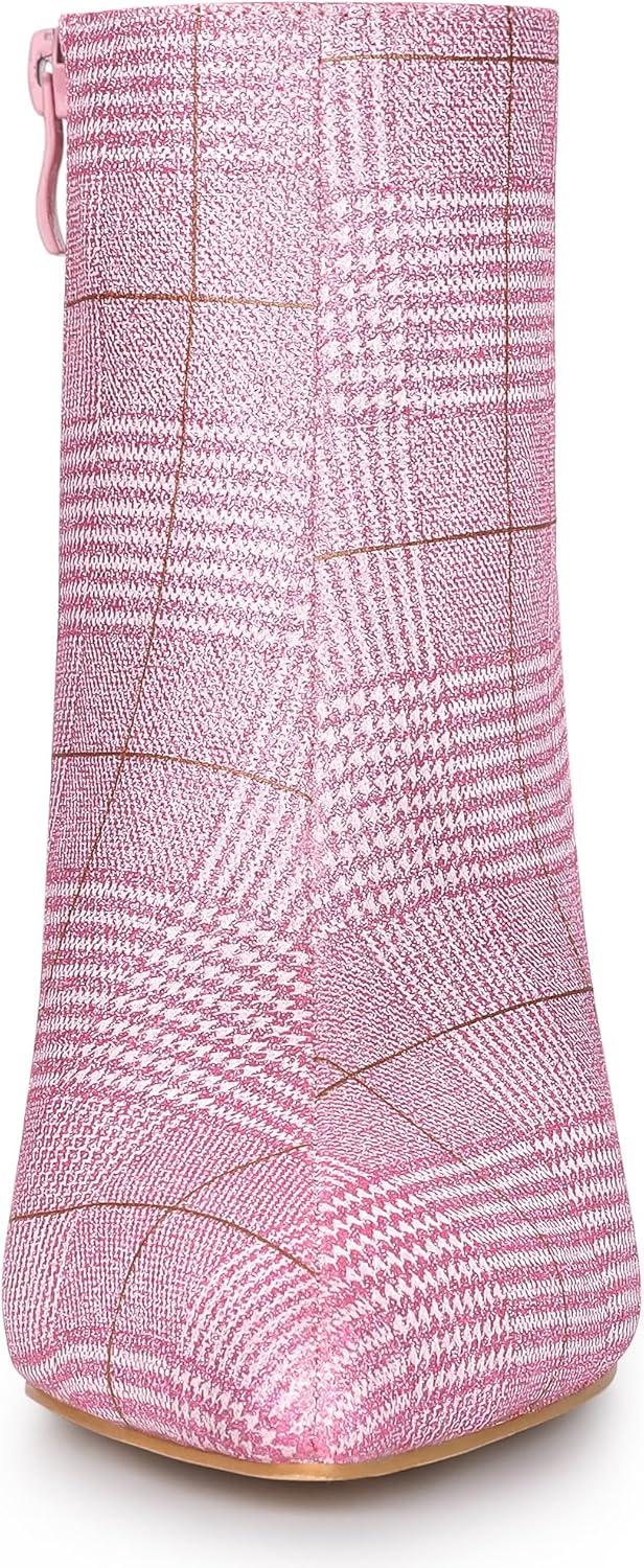 imageAllegra K Womens Plaid Pointed Toe Side Zip Stiletto Heel Ankle BootsGlitter Pink