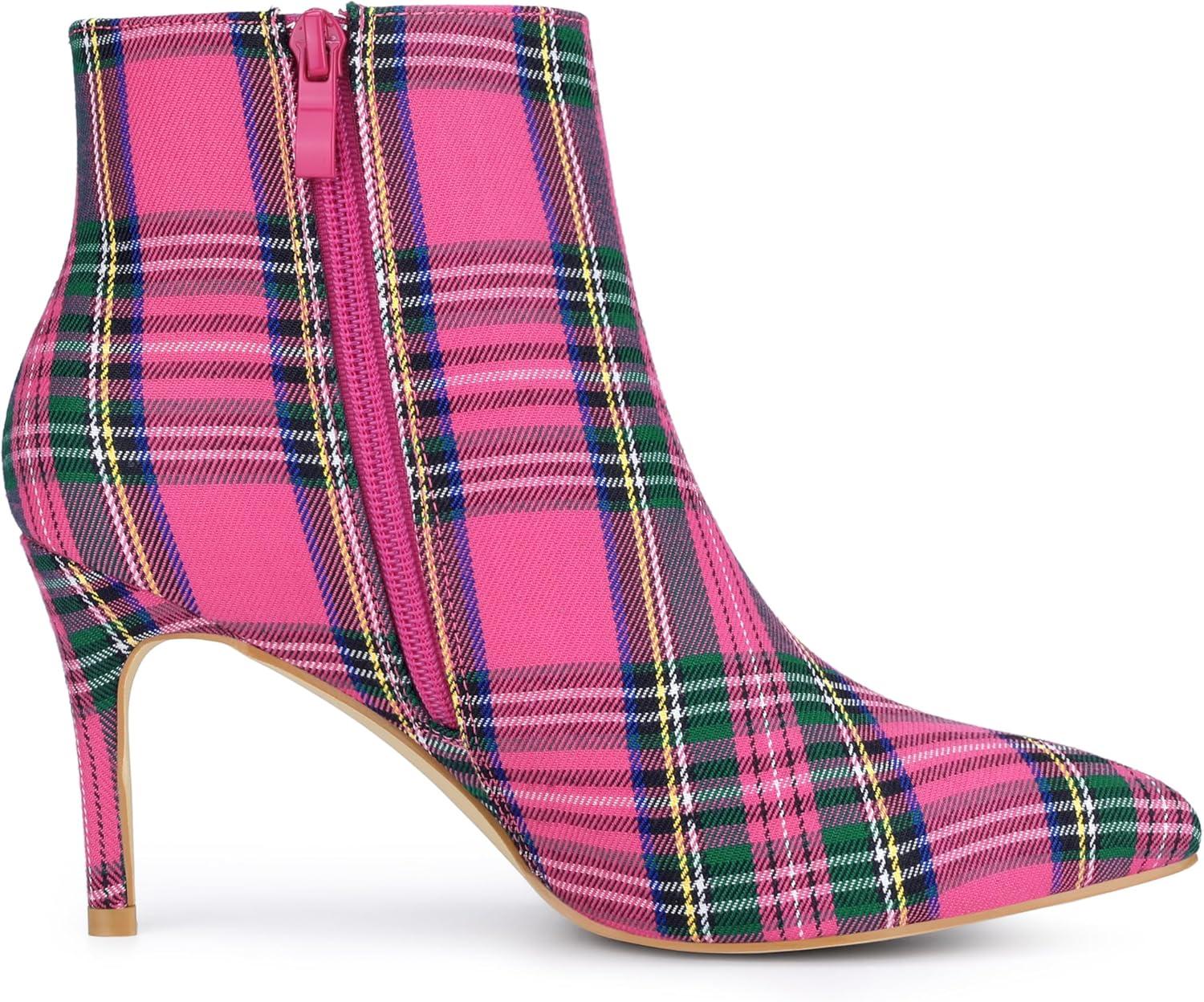 imageAllegra K Womens Plaid Pointed Toe Side Zip Stiletto Heel Ankle BootsHot Pink