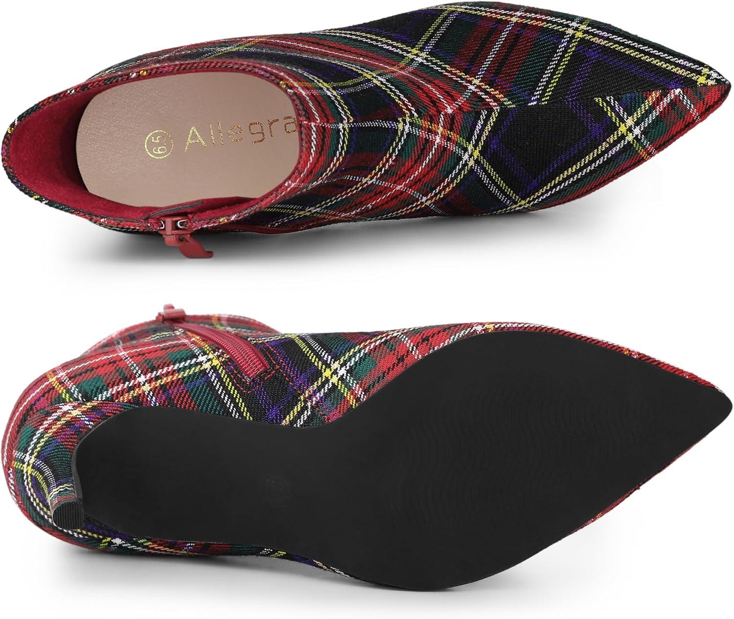imageAllegra K Womens Plaid Pointed Toe Side Zip Stiletto Heel Ankle BootsRed Green