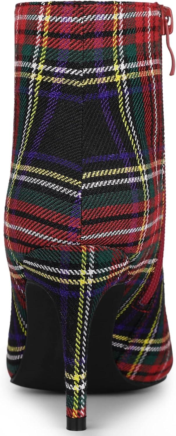 imageAllegra K Womens Plaid Pointed Toe Side Zip Stiletto Heel Ankle BootsRed Green