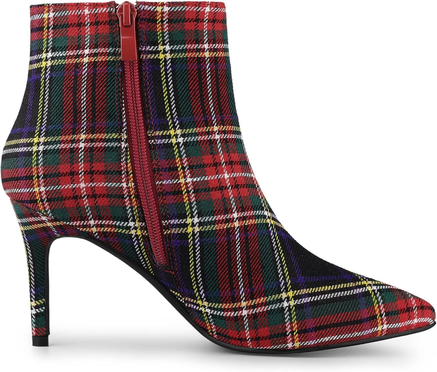 imageAllegra K Womens Plaid Pointed Toe Side Zip Stiletto Heel Ankle BootsRed Green