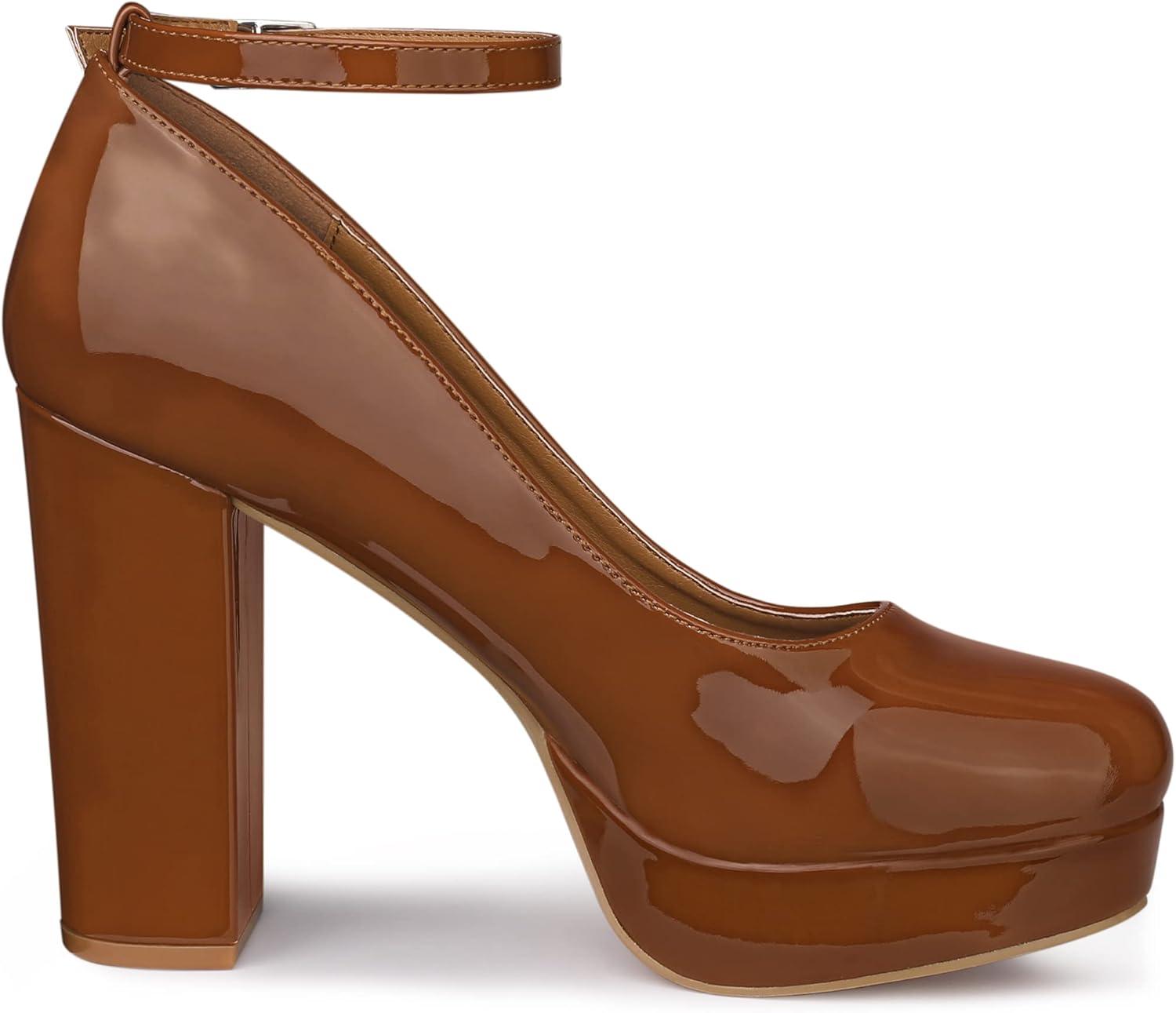 imageAllegra K Womens Platform Ankle Strap Chunky Heel Mary Janes PumpsBrown