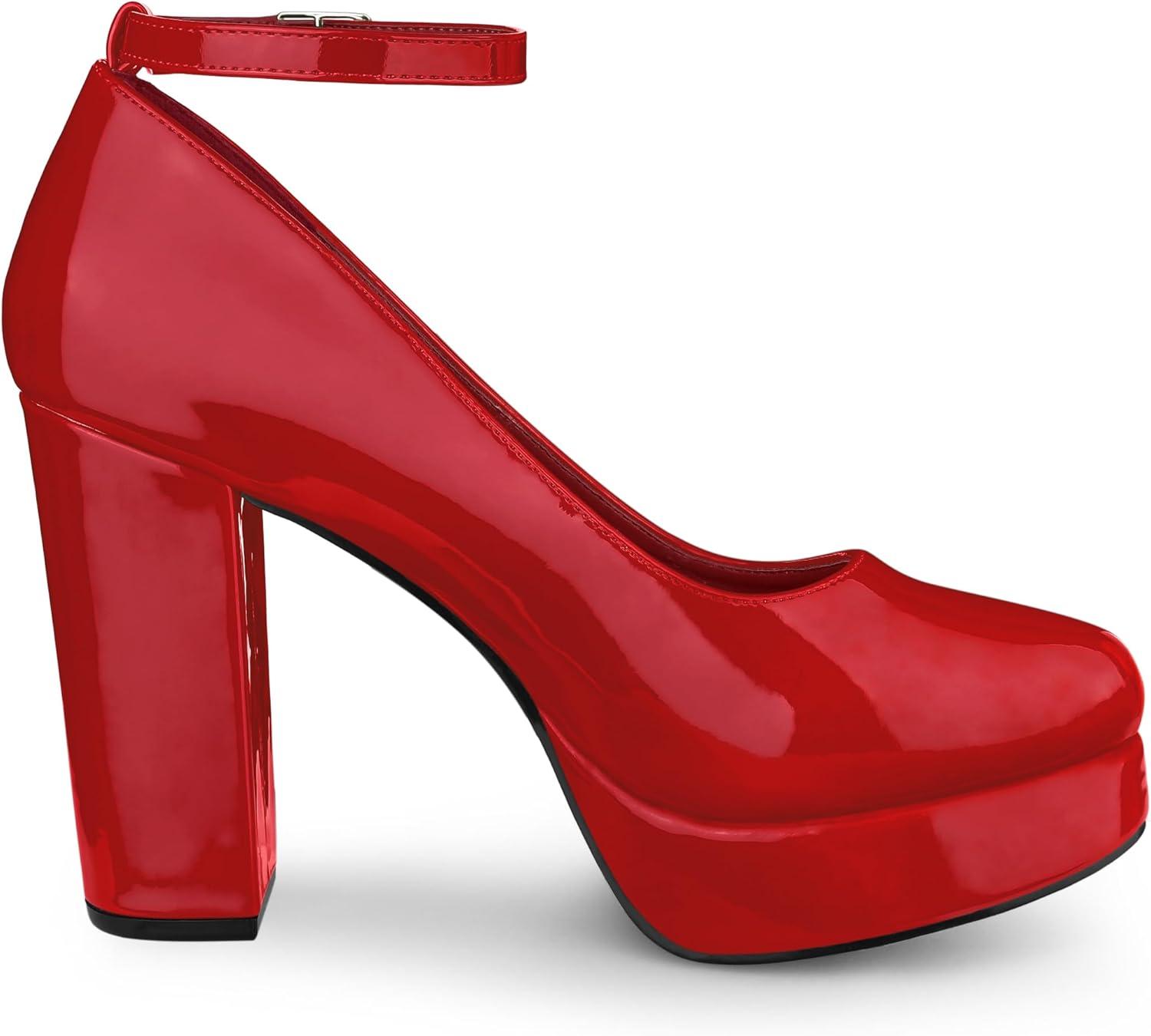 imageAllegra K Womens Platform Ankle Strap Chunky Heel Mary Janes PumpsRed