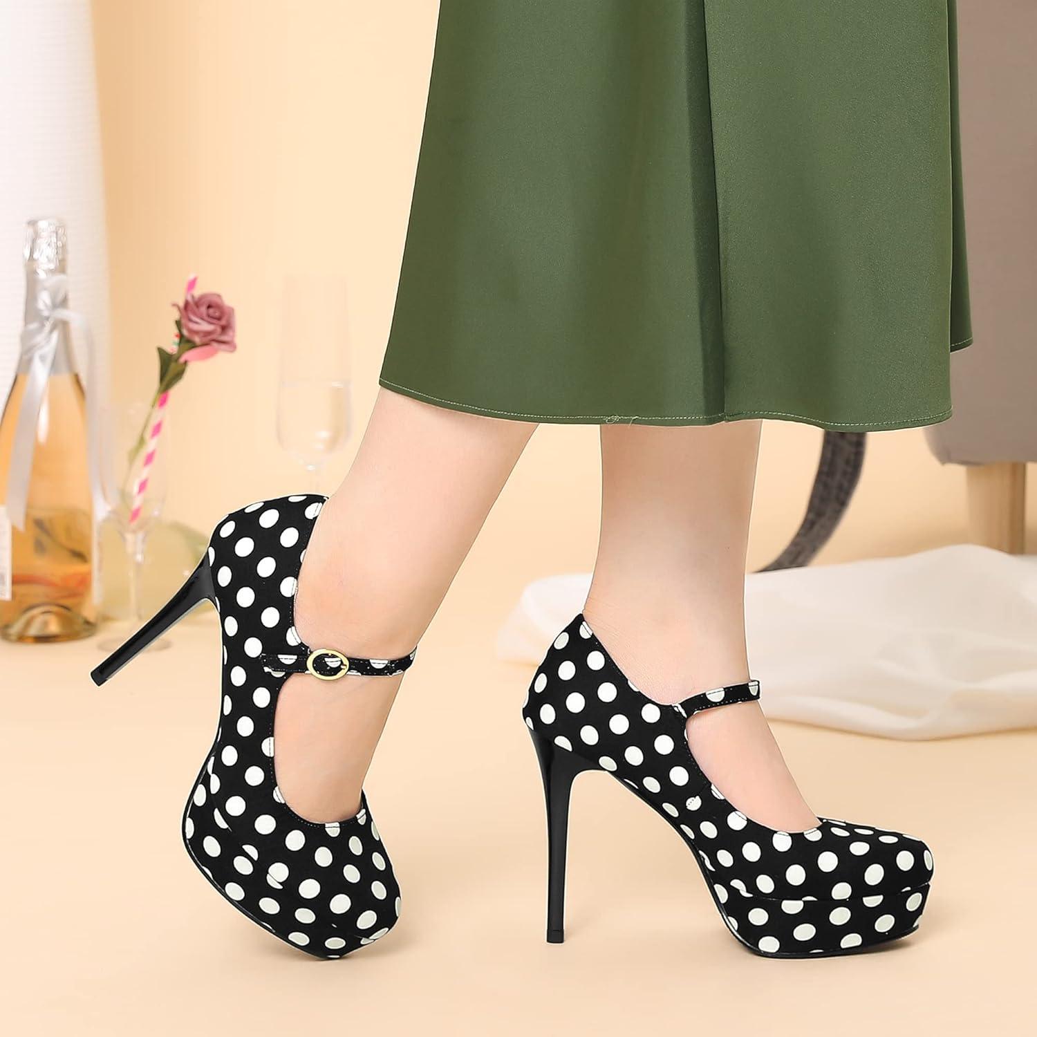 imageAllegra K Womens Platform Mary Jane Polka Dots Round Toe Stiletto High Heel PumpsBlack