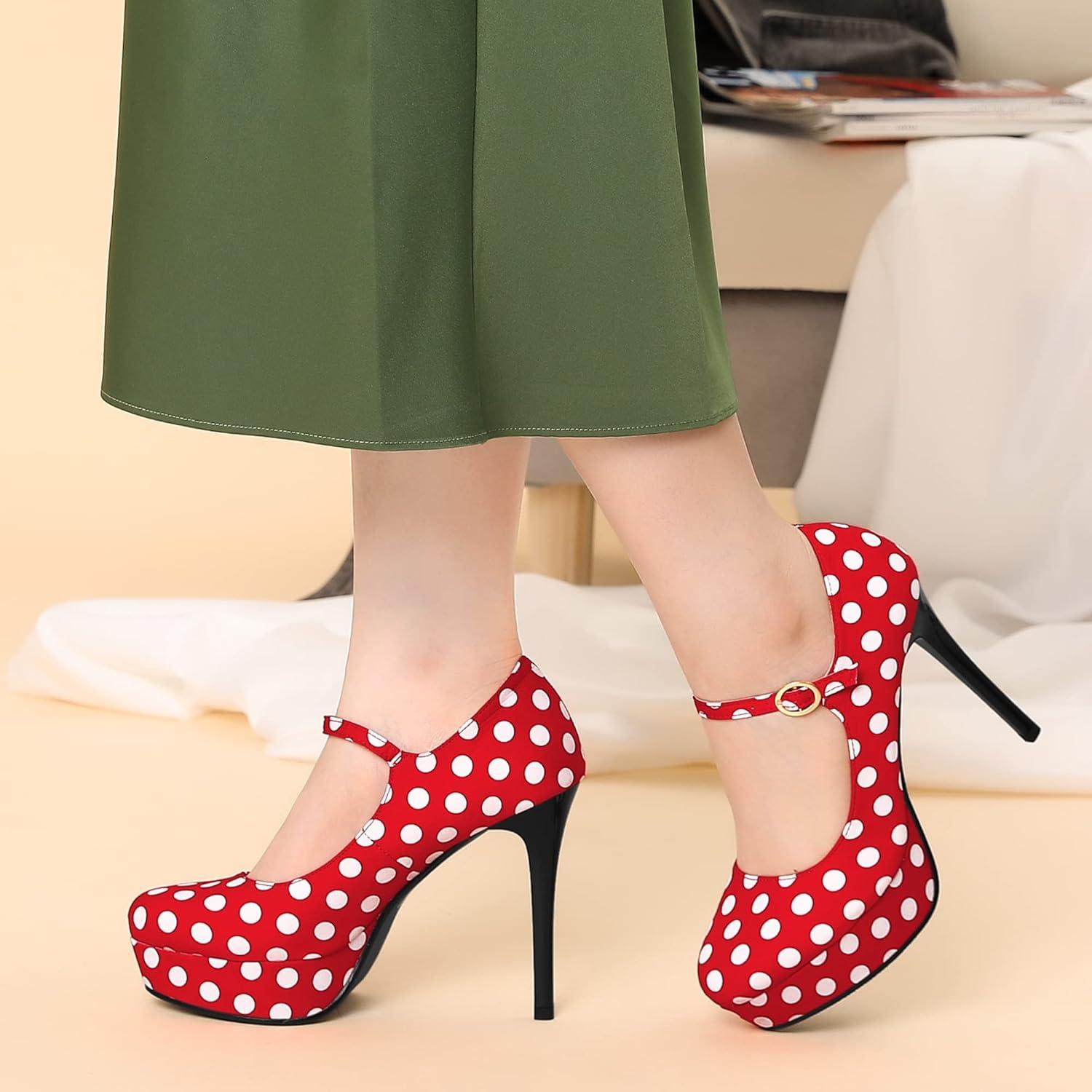 imageAllegra K Womens Platform Mary Jane Polka Dots Round Toe Stiletto High Heel PumpsRed
