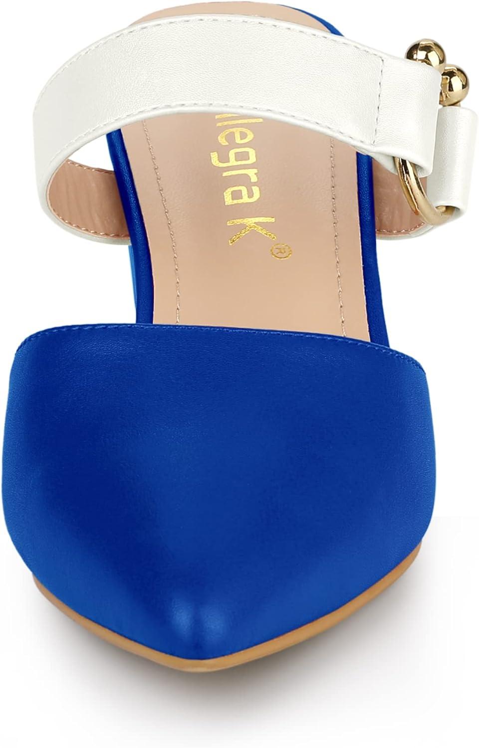 imageAllegra K Womens Pointed Toe Chunky Heel Dress Mules PumpsBlue White