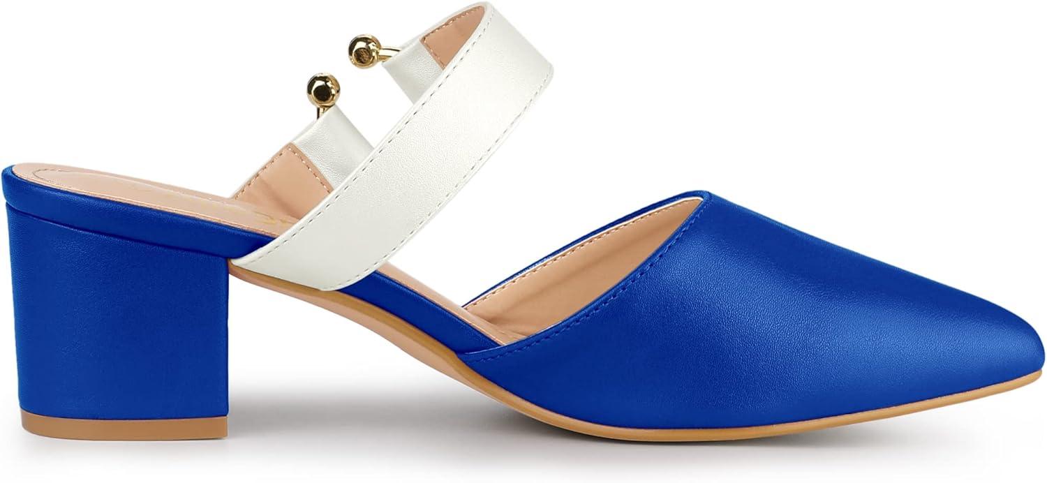 imageAllegra K Womens Pointed Toe Chunky Heel Dress Mules PumpsBlue White