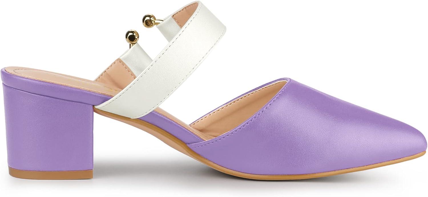 imageAllegra K Womens Pointed Toe Chunky Heel Dress Mules PumpsPurple White