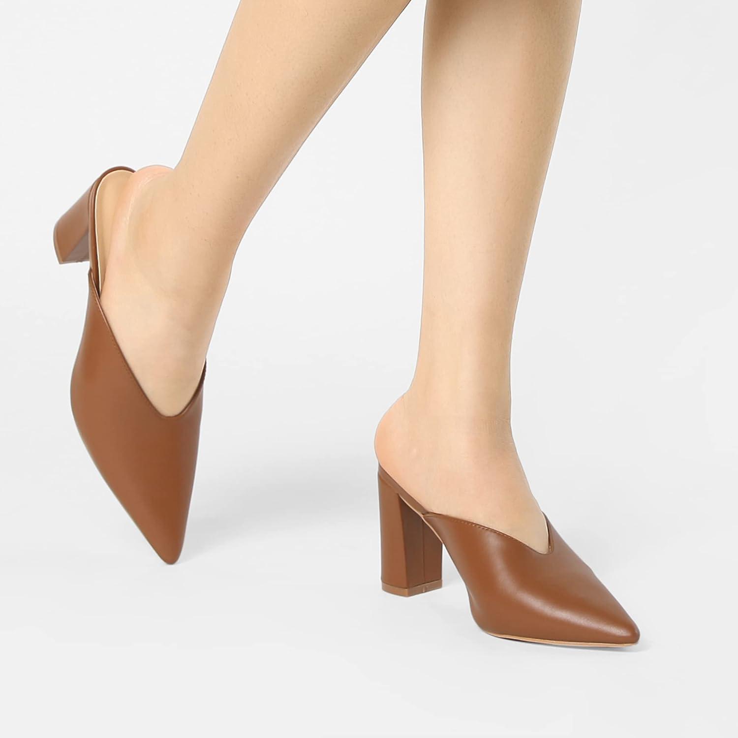 imageAllegra K Womens Pointed Toe Chunky Heels Slides MulesBrown