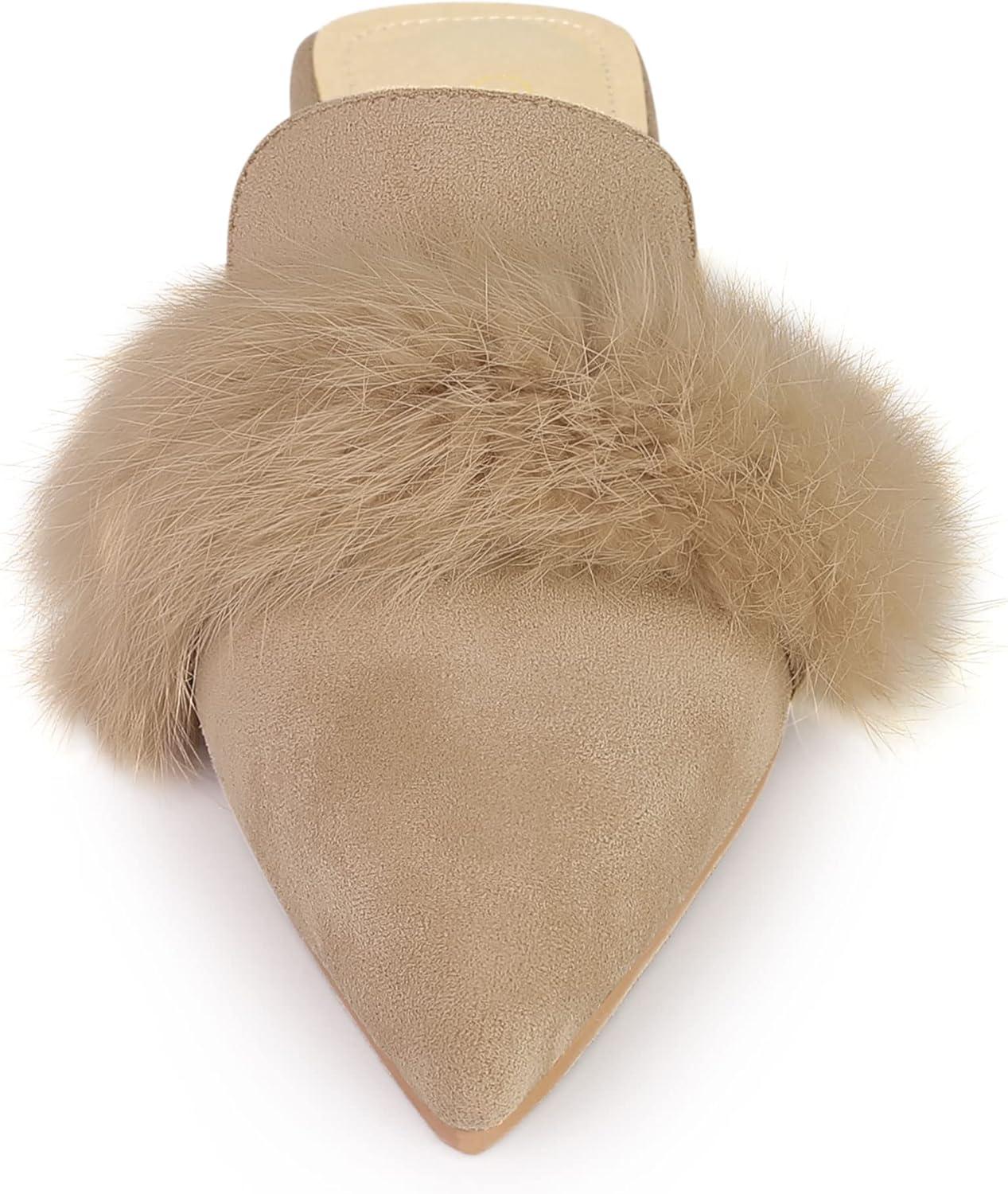 imageAllegra K Womens Pointed Toe Faux Fur Slip on Flat Slide MulesBeige