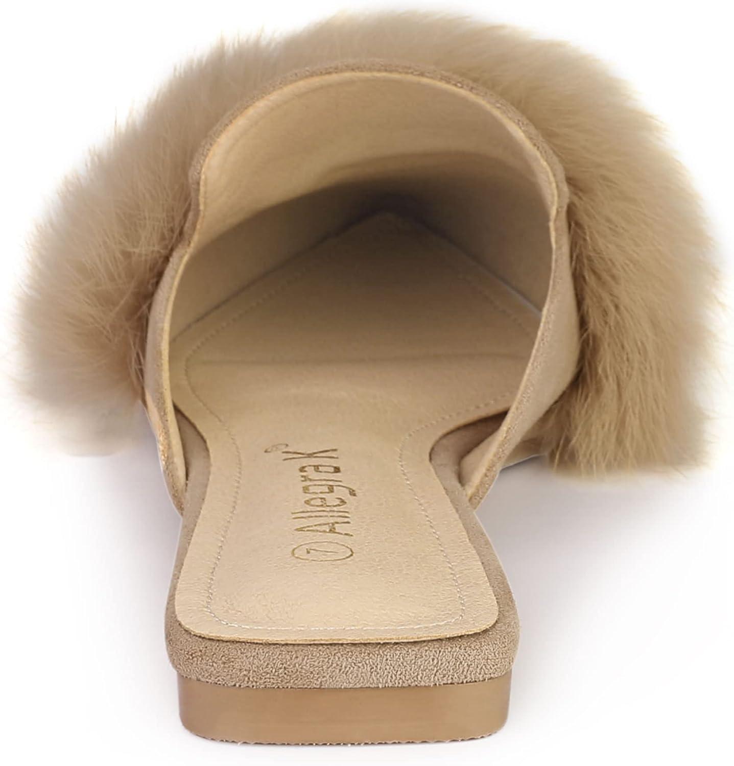 imageAllegra K Womens Pointed Toe Faux Fur Slip on Flat Slide MulesBeige