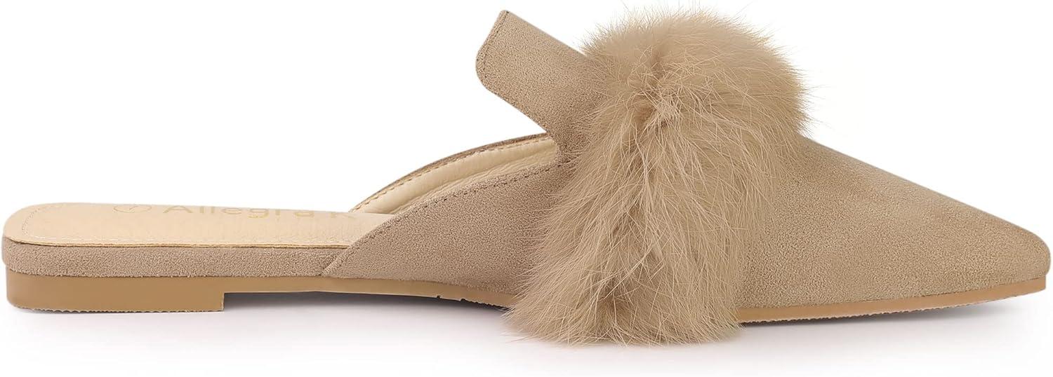 imageAllegra K Womens Pointed Toe Faux Fur Slip on Flat Slide MulesBeige