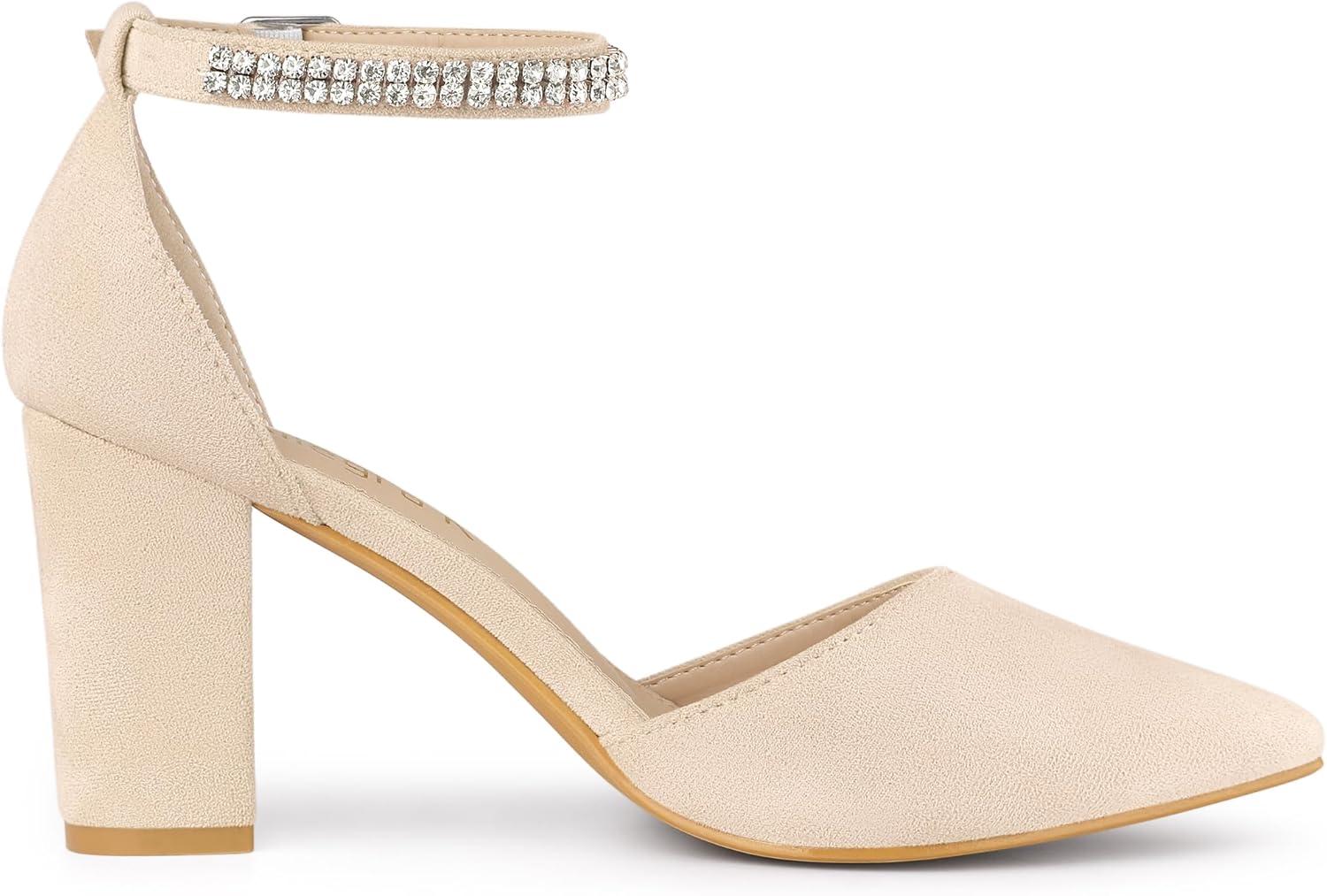 imageAllegra K Womens Pointed Toe Rhinestone Ankle Strap Chunky Heels PumpsBeige