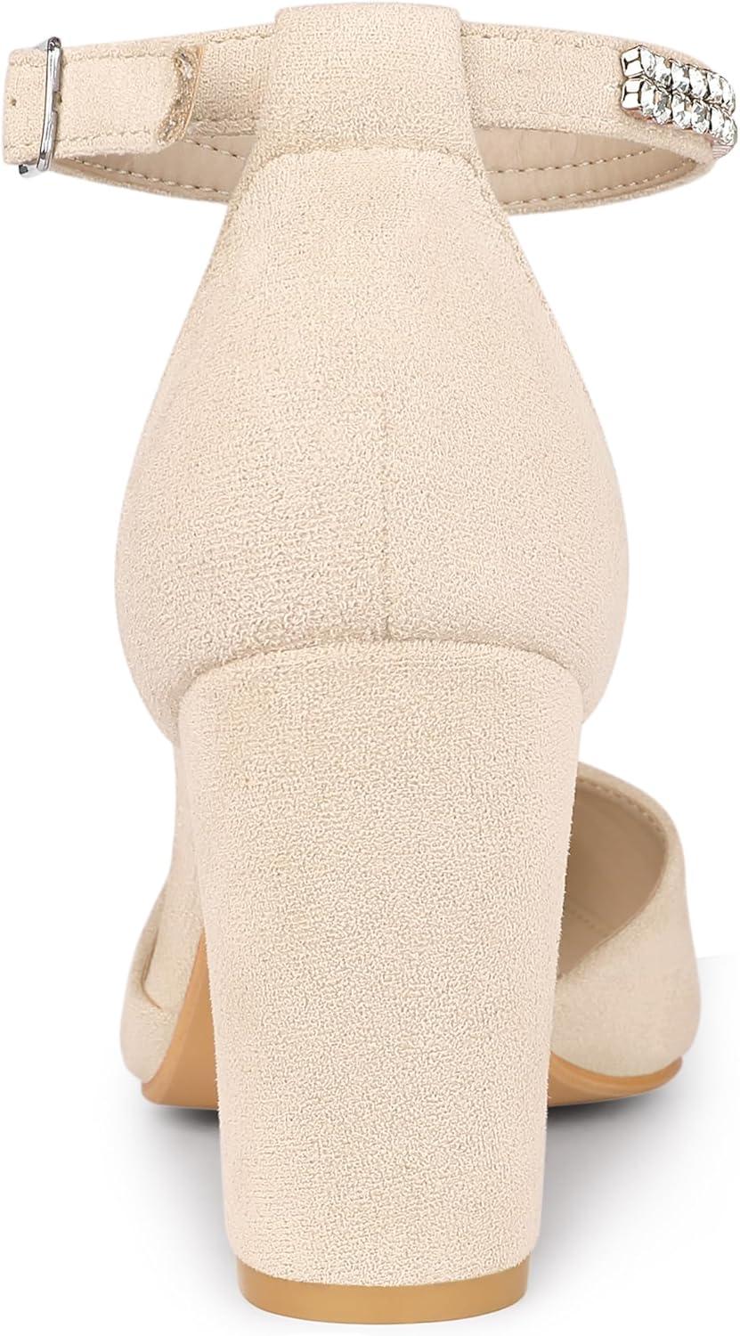 imageAllegra K Womens Pointed Toe Rhinestone Ankle Strap Chunky Heels PumpsBeige