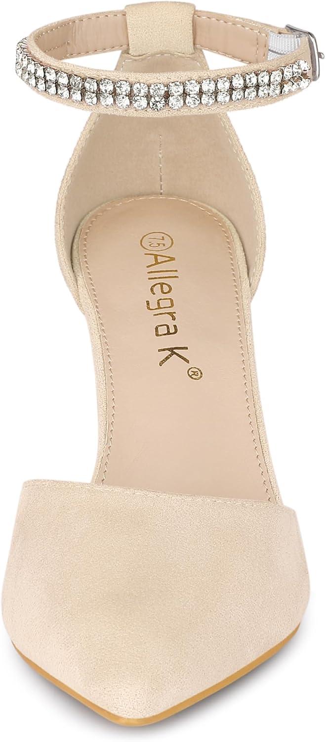 imageAllegra K Womens Pointed Toe Rhinestone Ankle Strap Chunky Heels PumpsBeige