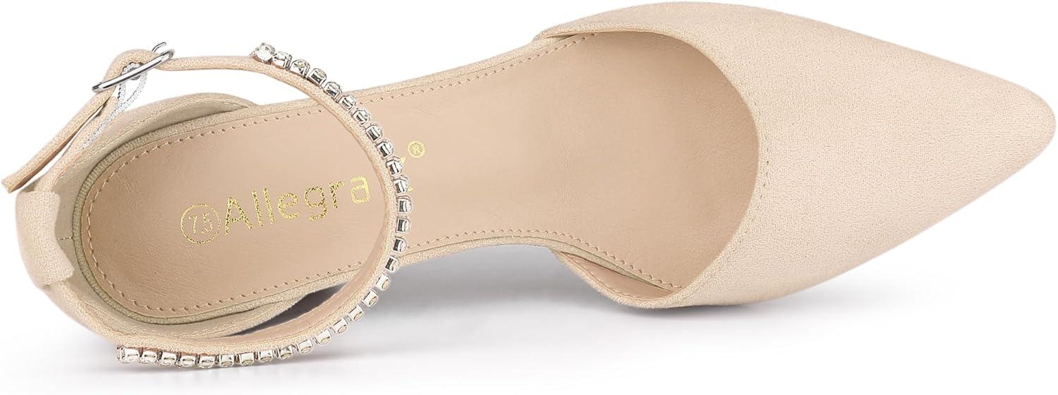 imageAllegra K Womens Pointed Toe Rhinestone Ankle Strap Chunky Heels PumpsBeige