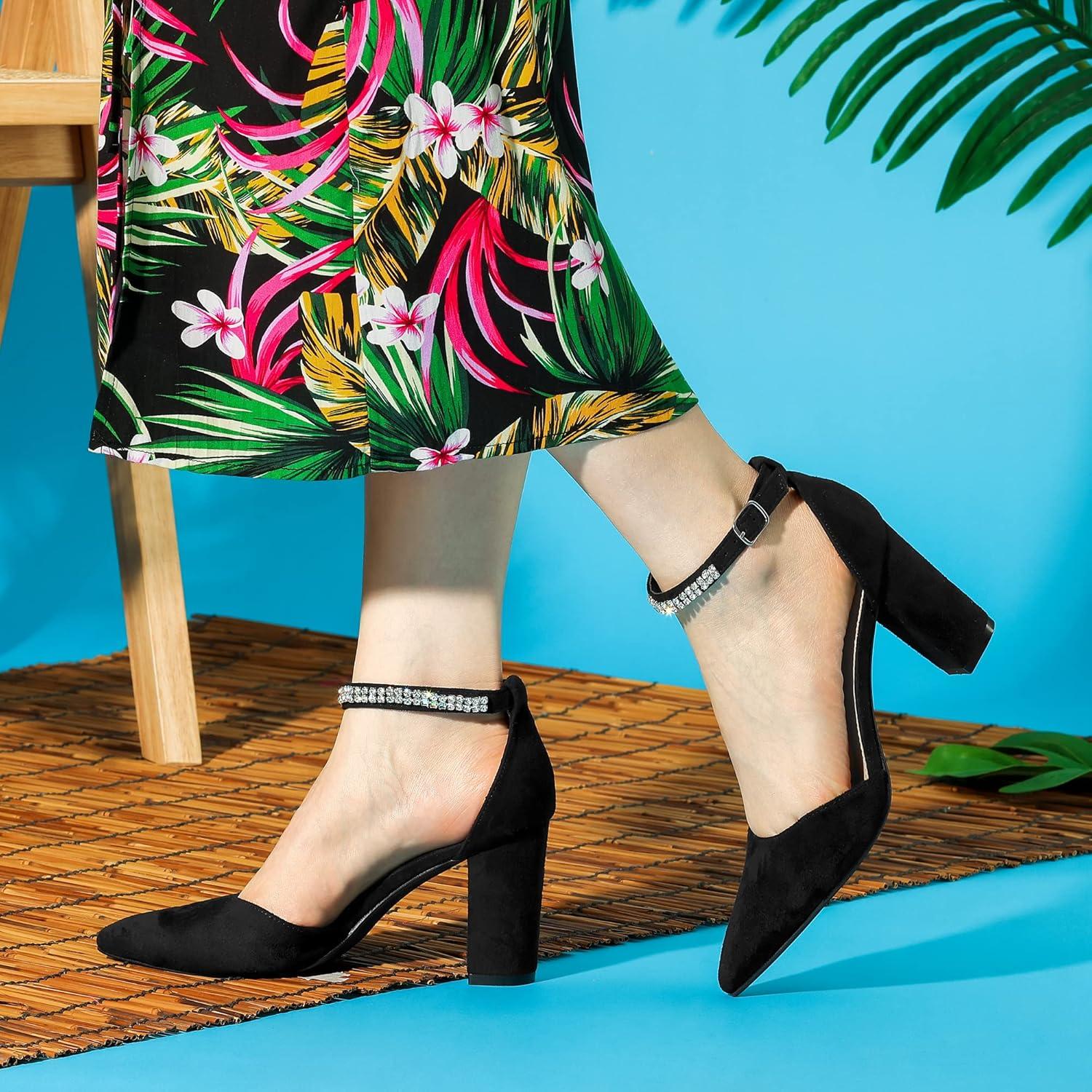 imageAllegra K Womens Pointed Toe Rhinestone Ankle Strap Chunky Heels PumpsBlack