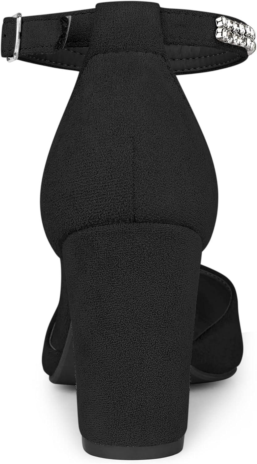 imageAllegra K Womens Pointed Toe Rhinestone Ankle Strap Chunky Heels PumpsBlack