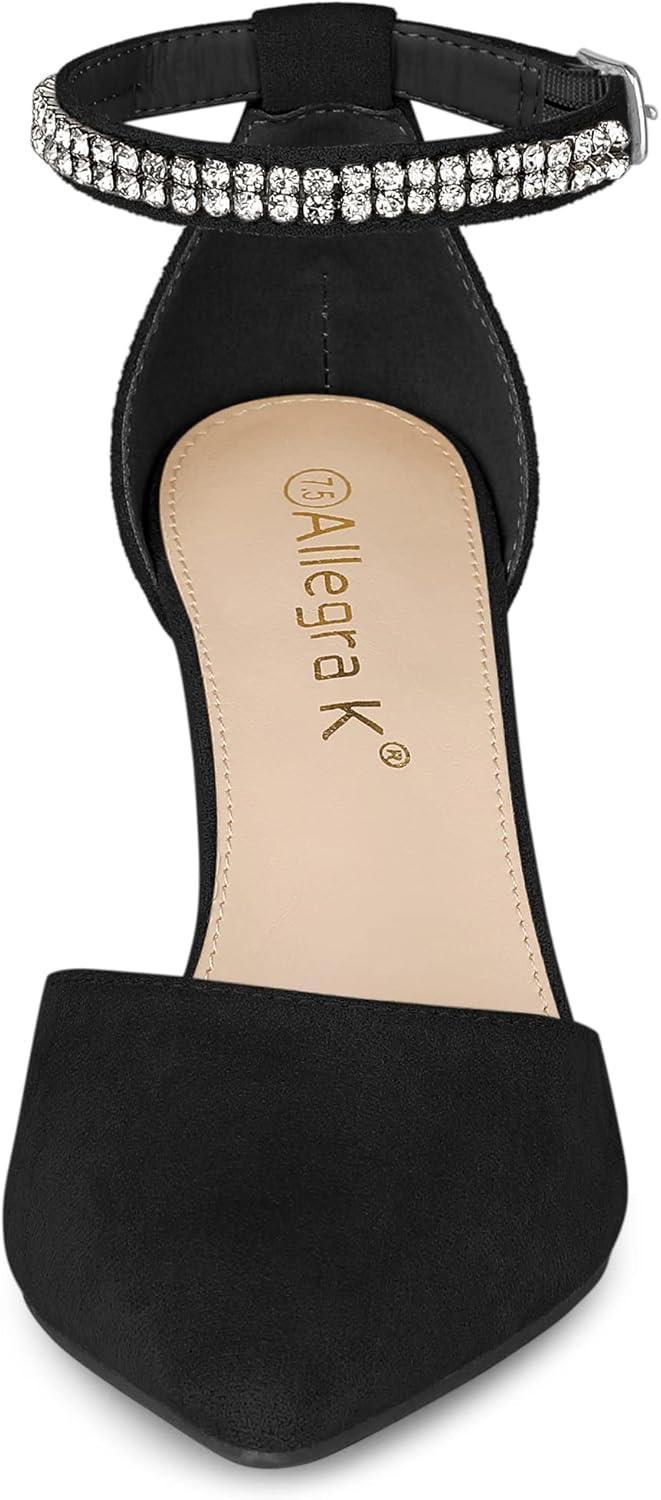 imageAllegra K Womens Pointed Toe Rhinestone Ankle Strap Chunky Heels PumpsBlack