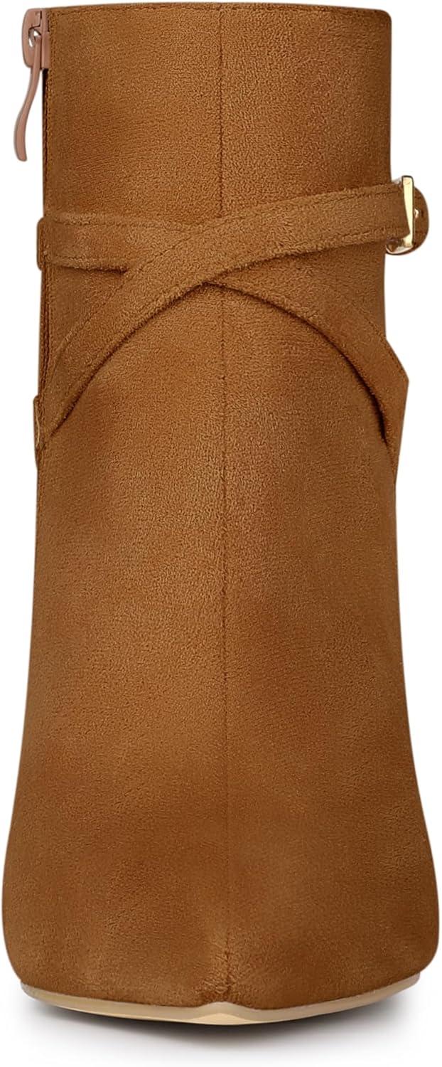 imageAllegra K Womens Pointy Toe Buckle Cross Straps Stiletto Heel Ankle BootsBrown