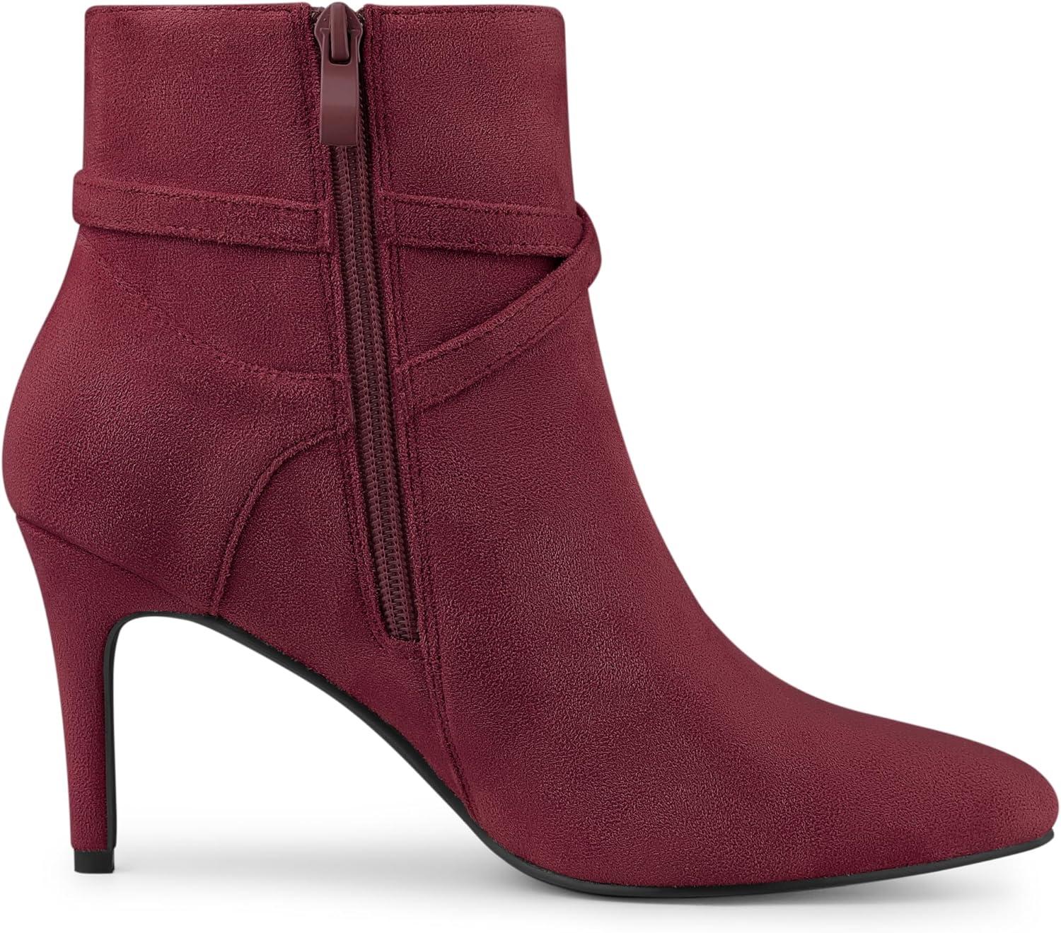 imageAllegra K Womens Pointy Toe Buckle Cross Straps Stiletto Heel Ankle BootsBurgundy