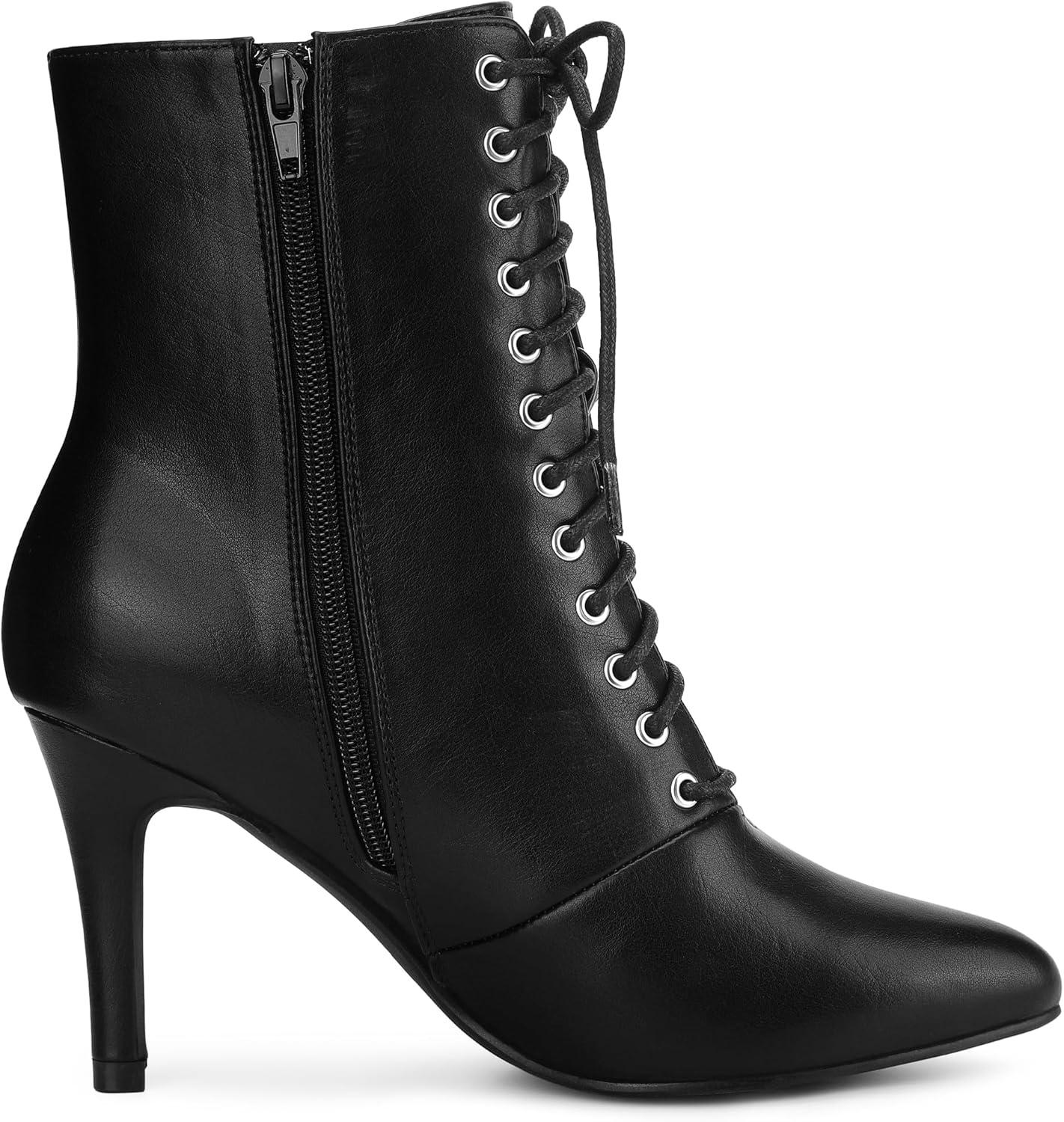 imageAllegra K Womens Pointy Toe Lace Up Stiletto Heel Ankle BootsBlack