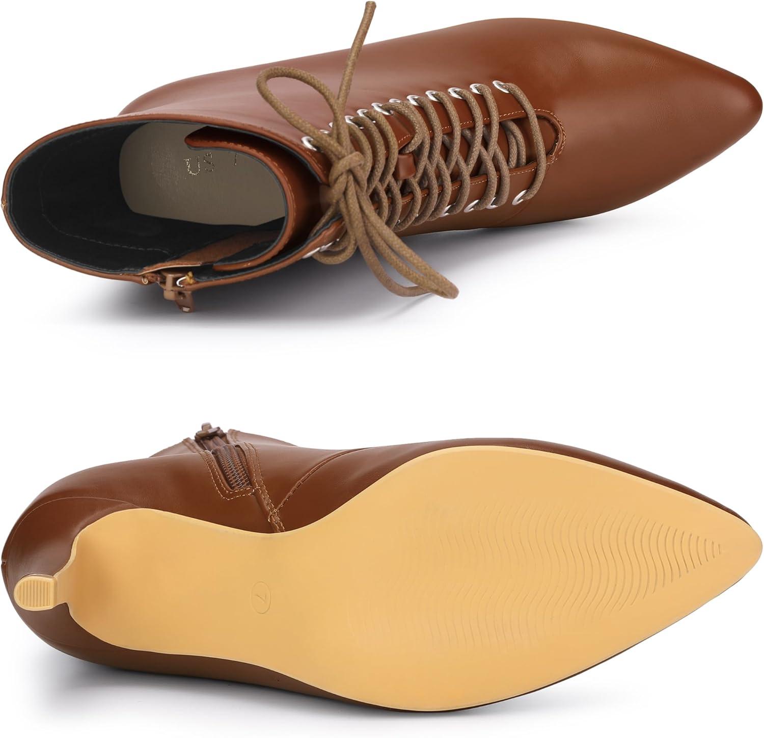 imageAllegra K Womens Pointy Toe Lace Up Stiletto Heel Ankle BootsBrown